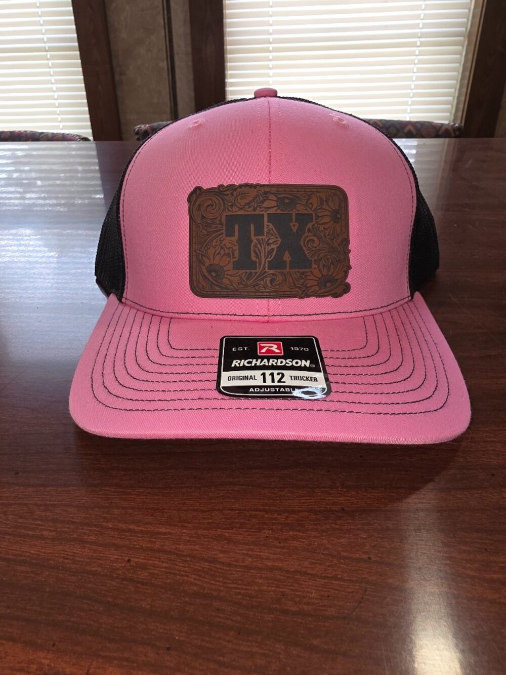 Richardson Pink/Black Adjustable Mesh Back Trucker Hat "TX" Patch